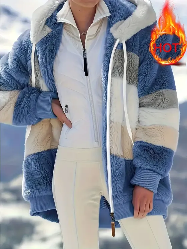 Fuzzy Color Block Coat, Casual Hooded Zip Up Drawstring Long Sleeve Outerwear, Women's Clothing