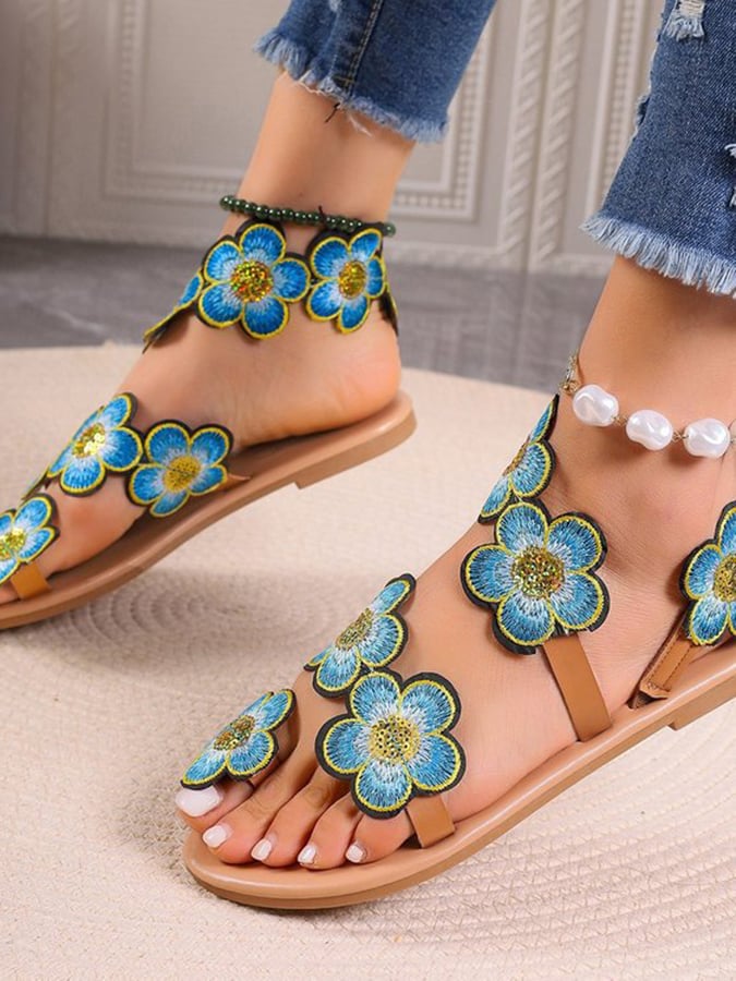 Women's Bohemian Flat Toe Colorful Flower Sandals-POIULTD