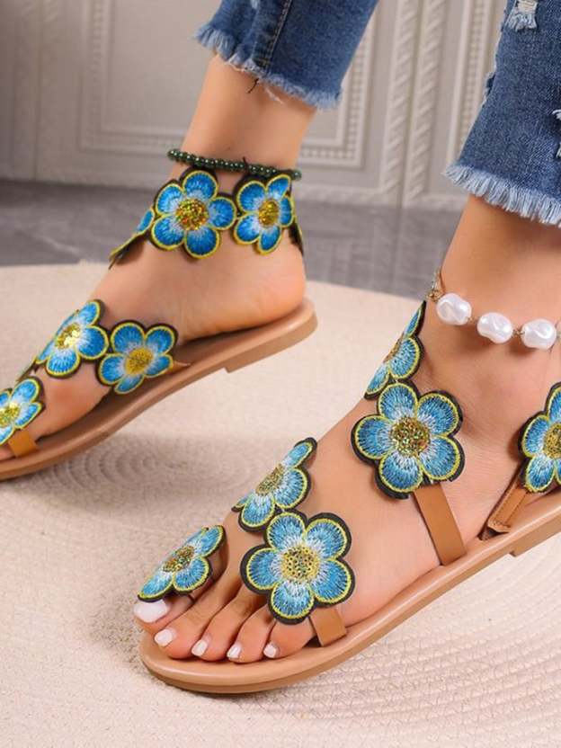 Women's Bohemian Flat Toe Colorful Flower Sandals-POIULTD