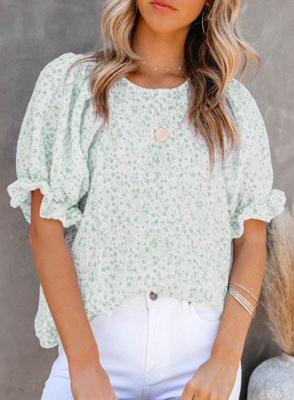 Chiffon Floral Puff-Sleeve Top-POIULTD