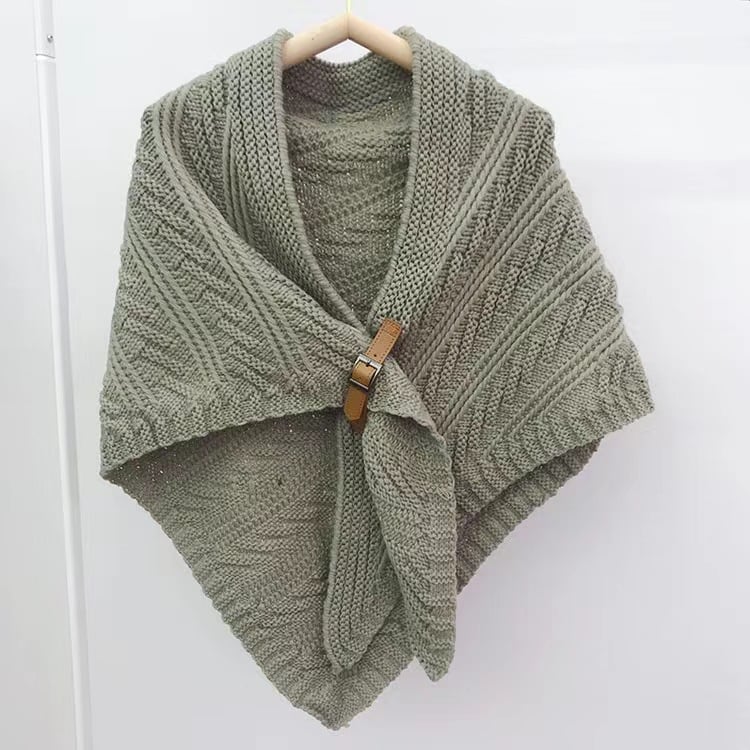 Knitted Triangle Shawl with Leather Buckle-POIULTD