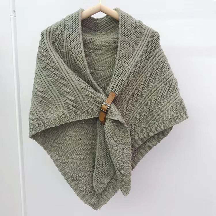 Knitted Triangle Shawl with Leather Buckle-POIULTD