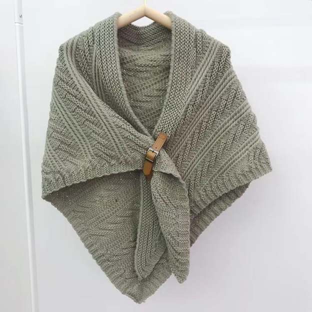 Knitted Triangle Shawl with Leather Buckle-POIULTD