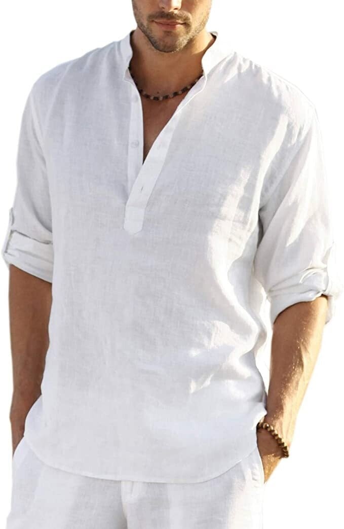 2024 Men's Cotton Linen Henley Shirt Long Sleeve Hippie Casual Beach T Shirts-POIULTD