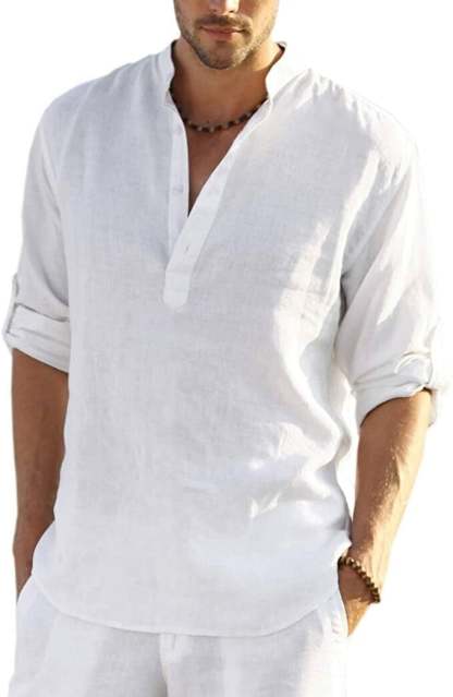 2024 Men's Cotton Linen Henley Shirt Long Sleeve Hippie Casual Beach T Shirts-POIULTD