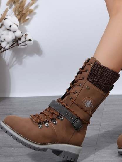 The New Mid -Tube Martin Boots Round -Headed Pure Color Thick Heel Front Line Lace Snow Boots Women's Boots-POIULTD
