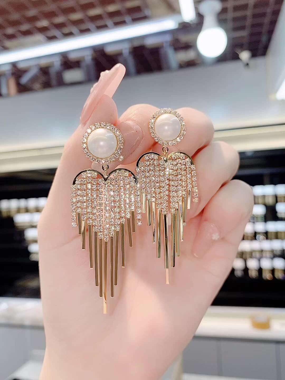 Pearl full diamond tassel earrings-POIULTD