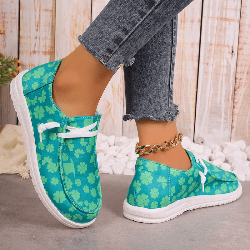 Women's Clover Print Flat Casual Canvas Shoes-POIULTD