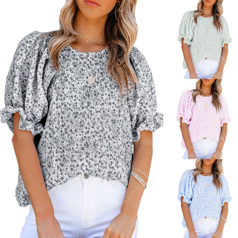 Chiffon Floral Puff-Sleeve Top-POIULTD