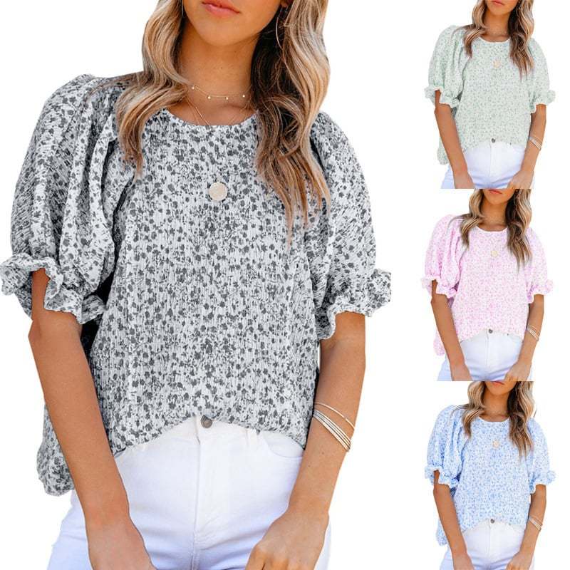 Chiffon Floral Puff-Sleeve Top-POIULTD