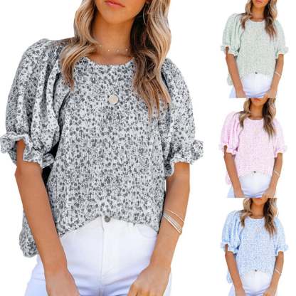 Chiffon Floral Puff-Sleeve Top-POIULTD