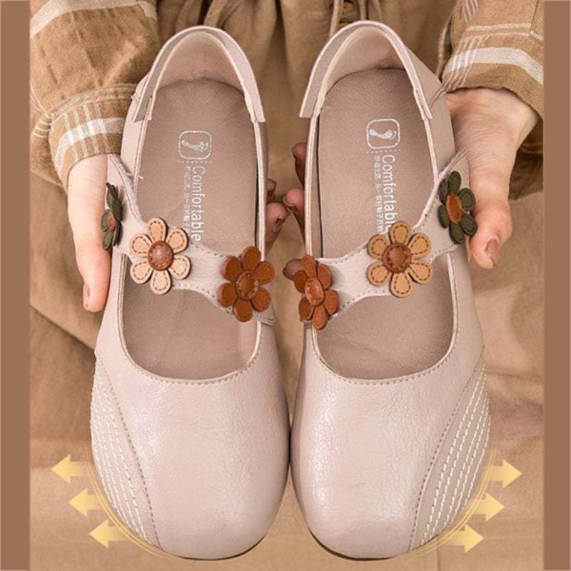 Women's Fall Retro Casual Floral Velcro Comfy Pumps Flat PU Leather Shoes-POIULTD