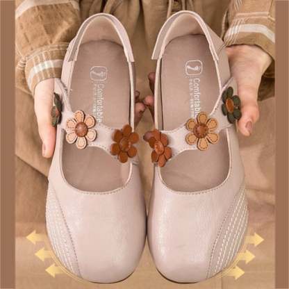 Women's Fall Retro Casual Floral Velcro Comfy Pumps Flat PU Leather Shoes-POIULTD