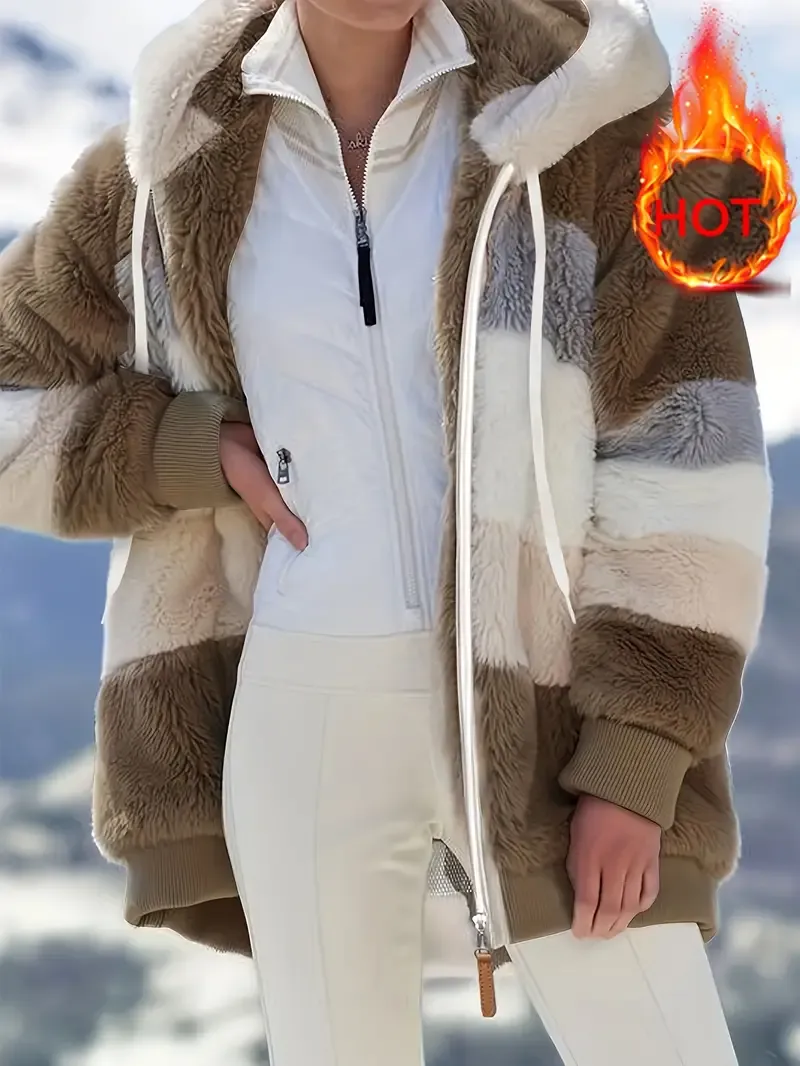 Fuzzy Color Block Coat, Casual Hooded Zip Up Drawstring Long Sleeve Outerwear, Women's Clothing