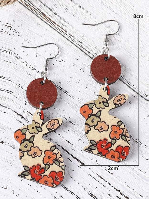 Easter Flower Bunny Reversible Wooden Earrings-POIULTD