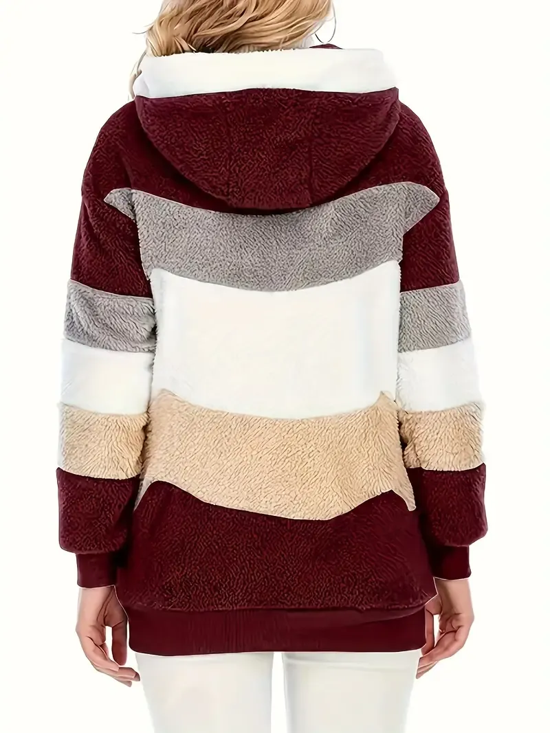 Fuzzy Color Block Coat, Casual Hooded Zip Up Drawstring Long Sleeve Outerwear, Women's Clothing