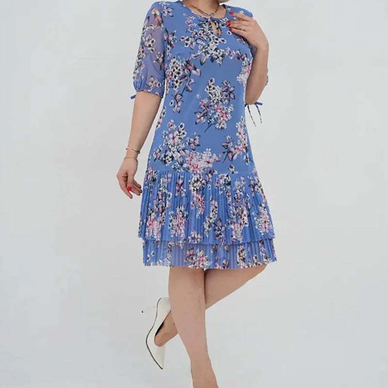 🌹Elegant chiffon long pleated dress with short sleeves-POIULTD