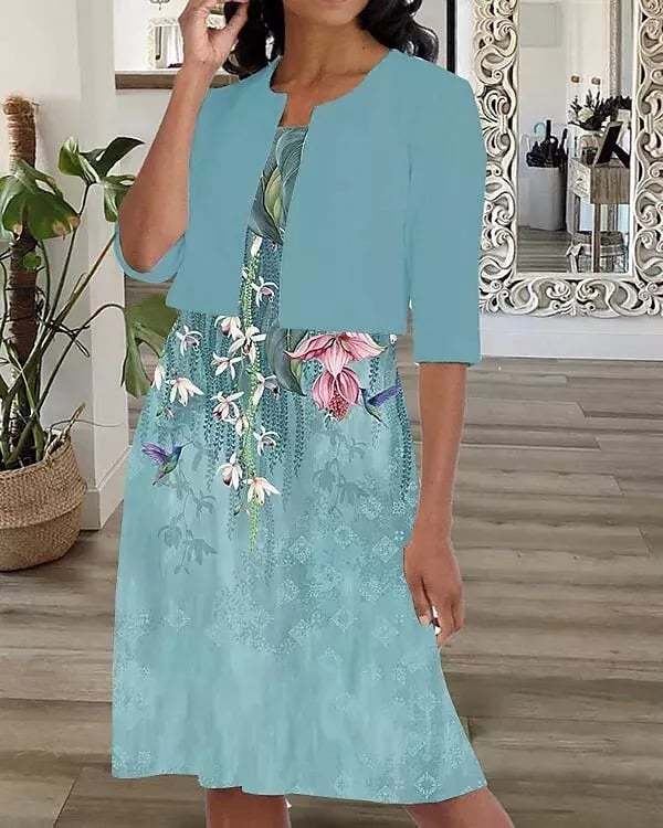 2022 summer new women's two-piece printed round neck chiffon dress-POIULTD