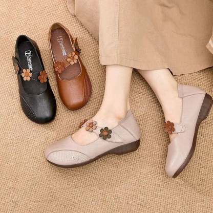 Women's Fall Retro Casual Floral Velcro Comfy Pumps Flat PU Leather Shoes-POIULTD