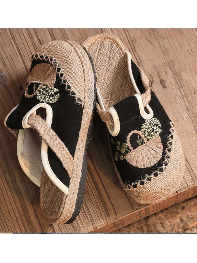 New National Style Women's Embroidered Shoes Can Wear Flat Slippers Linen Linen Midsole Women's Singles Shoes-POIULTD