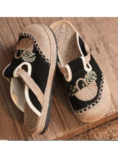 New National Style Women's Embroidered Shoes Can Wear Flat Slippers Linen Linen Midsole Women's Singles Shoes-POIULTD