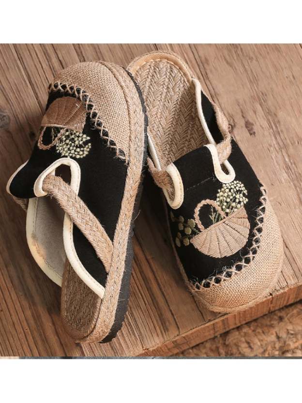 New National Style Women's Embroidered Shoes Can Wear Flat Slippers Linen Linen Midsole Women's Singles Shoes-POIULTD