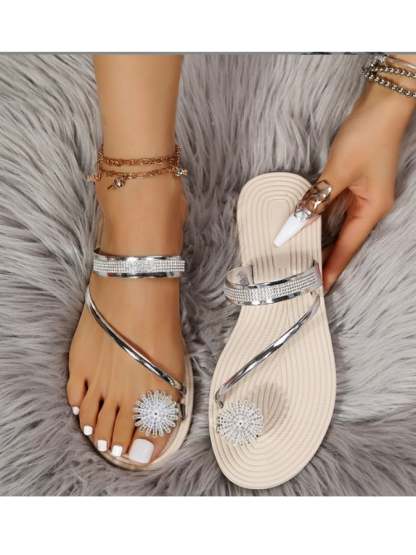 Set Toe Sand Slippers Female Wearing Summer New Beach Sandals Rhinestone Flat Bottom Slippers-POIULTD