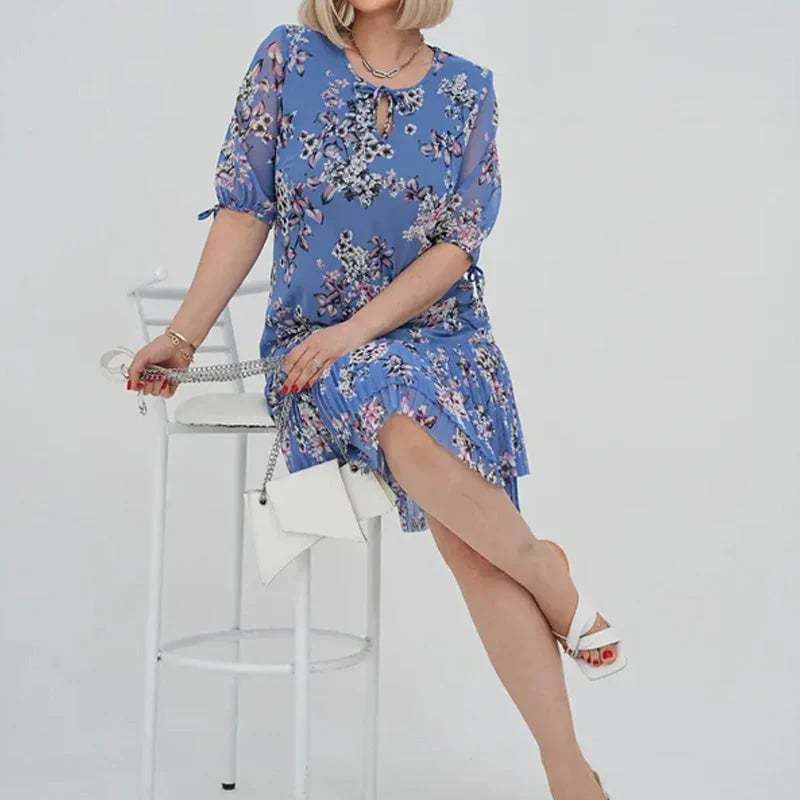 🌹Elegant chiffon long pleated dress with short sleeves-POIULTD