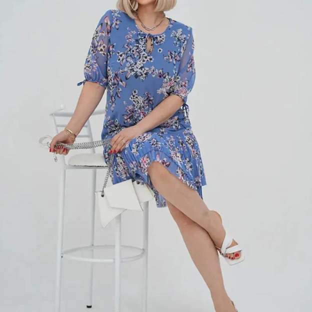 🌹Elegant chiffon long pleated dress with short sleeves-POIULTD