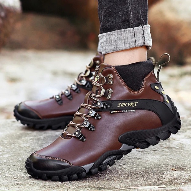(⏰Limited Time Sale 69%off)Men's Genuine Leather Waterproof Hiking Boots Wide-Toe Warm Insulated Winter Ankle Boots-POIULTD
