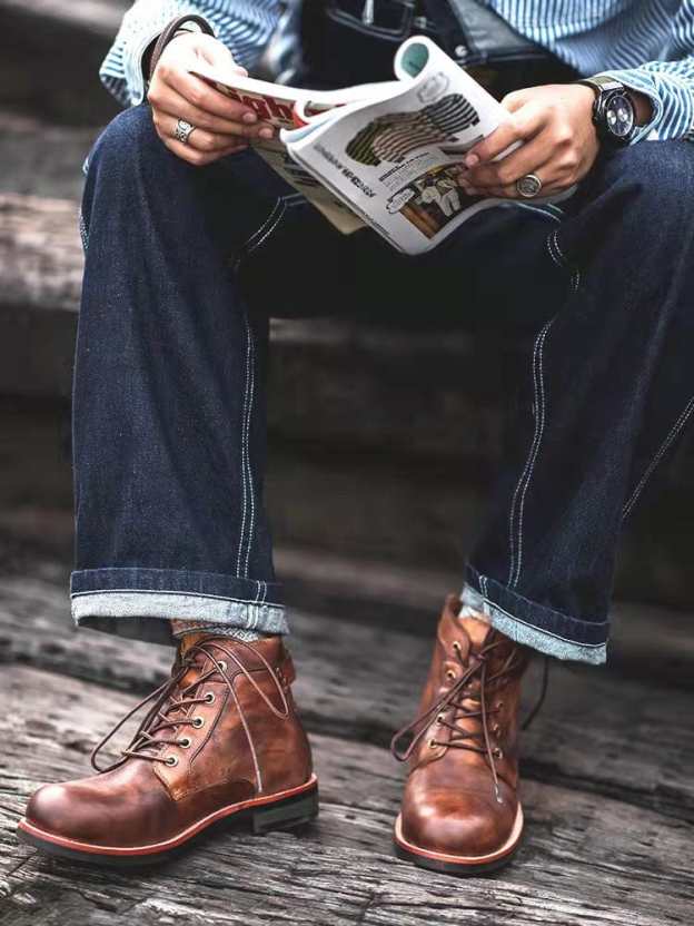 Mens Genuine Leather Waterproof Non-slip Arch Support Vintage Casual Chukka Boots-POIULTD