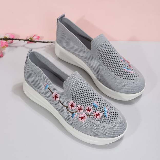 Casual Stretch Embroidery Flat Women's Flyknit Shoes-POIULTD