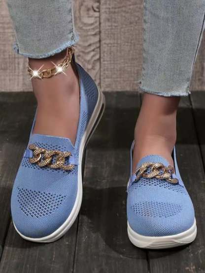 Spring New Fashion Comfortable Flying Woven Air -Breathable Hollow Upper Metal Chain Slope Casual Single Shoe Female-POIULTD