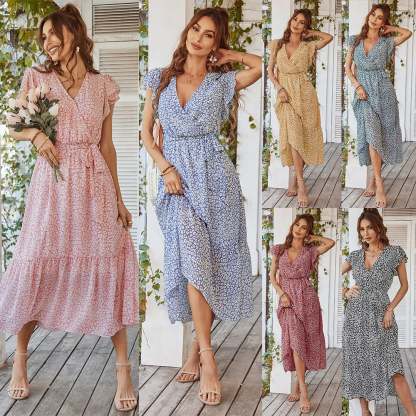 Summer Dresses Ruffle Cap Sleeve V Neck Belt Wrap Split Boho Floral Long Casual Party Beach Dress-POIULTD