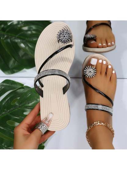 Set Toe Sand Slippers Female Wearing Summer New Beach Sandals Rhinestone Flat Bottom Slippers-POIULTD