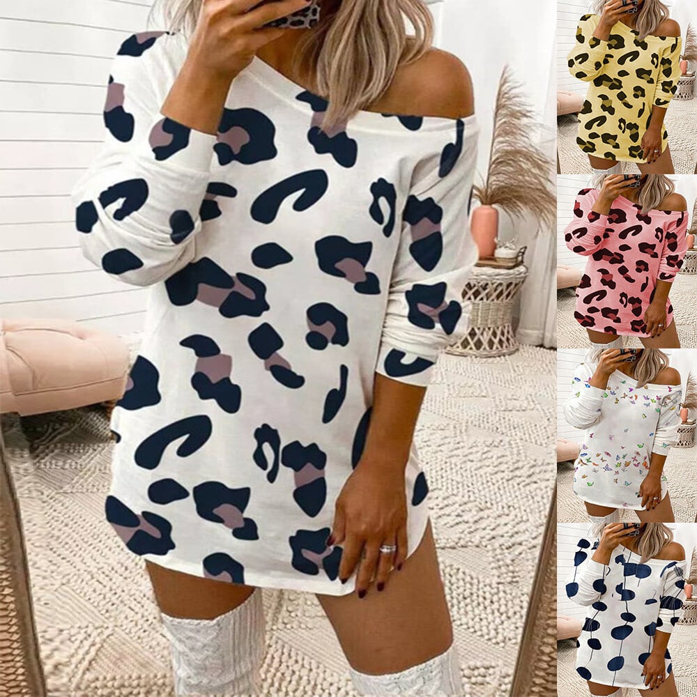 Leopard Print Off-the-shoulder Long-sleeved T-shirt-POIULTD