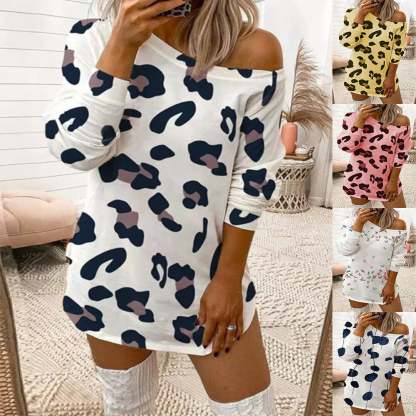 Leopard Print Off-the-shoulder Long-sleeved T-shirt-POIULTD