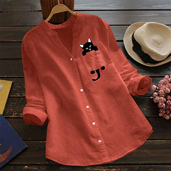 🔥V-neck Cotton And Cat Print Long Sleeve Blouse-POIULTD