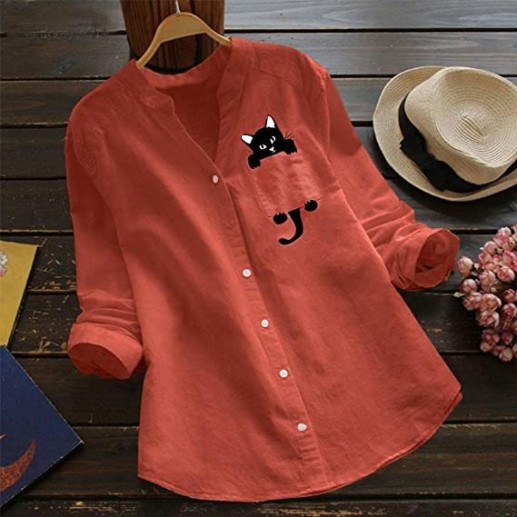 🔥V-neck Cotton And Cat Print Long Sleeve Blouse-POIULTD
