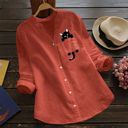 🔥V-neck Cotton And Cat Print Long Sleeve Blouse-POIULTD