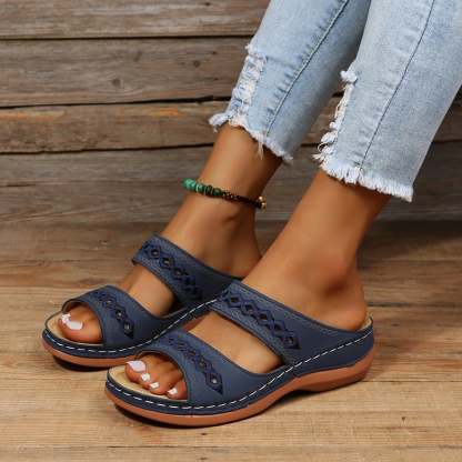 Retro Anti Slip Round Toe Sloping Heel Comfortable Women'S Slippers-POIULTD
