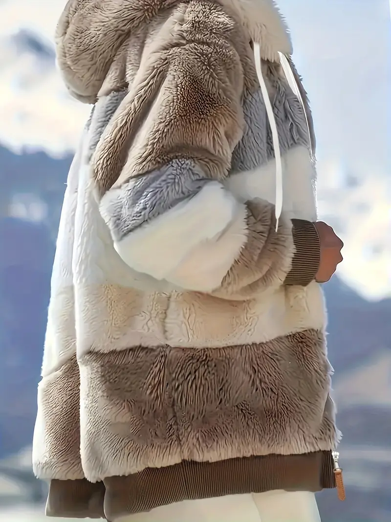 Fuzzy Color Block Coat, Casual Hooded Zip Up Drawstring Long Sleeve Outerwear, Women's Clothing