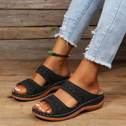 Retro Anti Slip Round Toe Sloping Heel Comfortable Women'S Slippers-POIULTD
