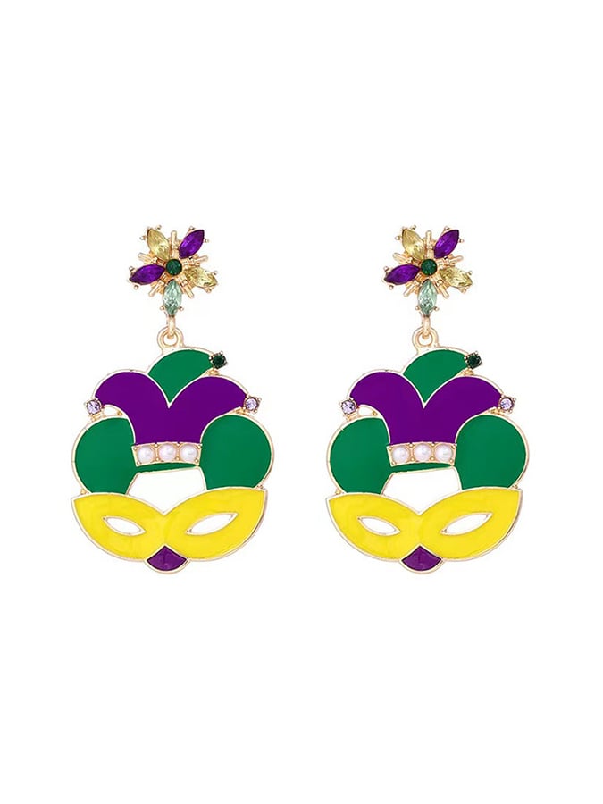 Women's Carnival Mask Alloy Inlaid With Imitation Pearls Irish Hat Versatile Fashion Earrings-POIULTD