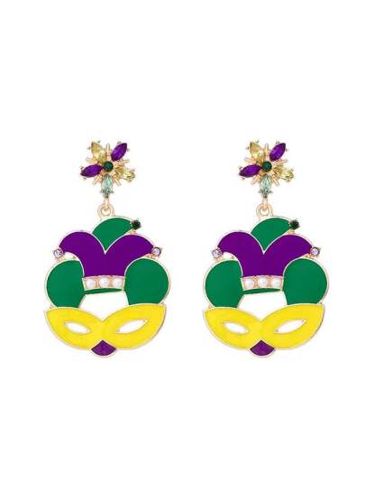 Women's Carnival Mask Alloy Inlaid With Imitation Pearls Irish Hat Versatile Fashion Earrings-POIULTD