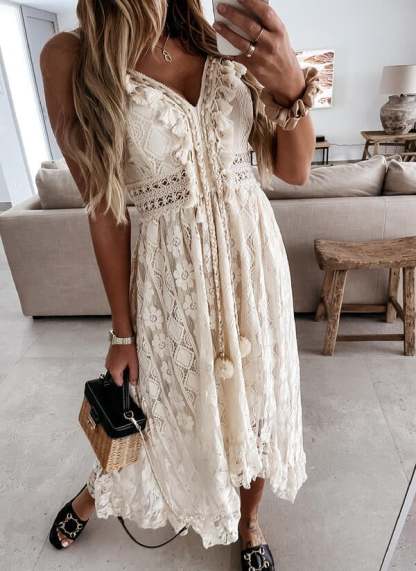 V-Neck Lace-Up Strappy Dress-POIULTD
