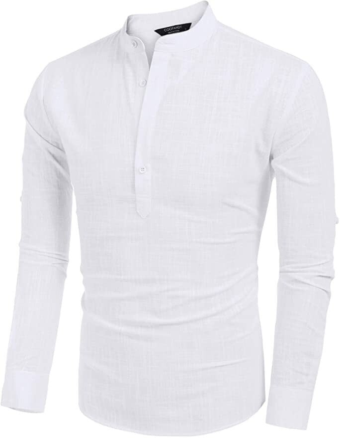 2024 Men's Cotton Linen Henley Shirt Long Sleeve Hippie Casual Beach T Shirts-POIULTD