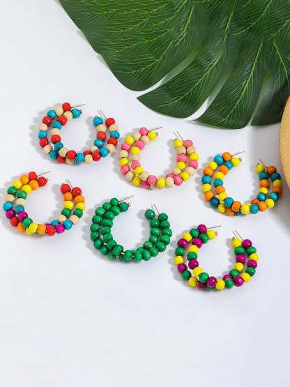 Women's Carnival Colored Wooden Beads Fashionable And Versatile Temperament Light Luxury Earrings-POIULTD