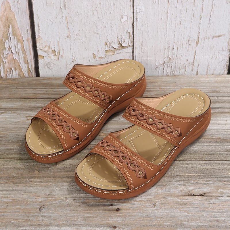 Retro Anti Slip Round Toe Sloping Heel Comfortable Women'S Slippers-POIULTD