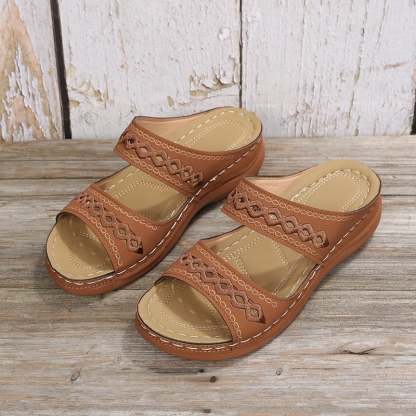 Retro Anti Slip Round Toe Sloping Heel Comfortable Women'S Slippers-POIULTD
